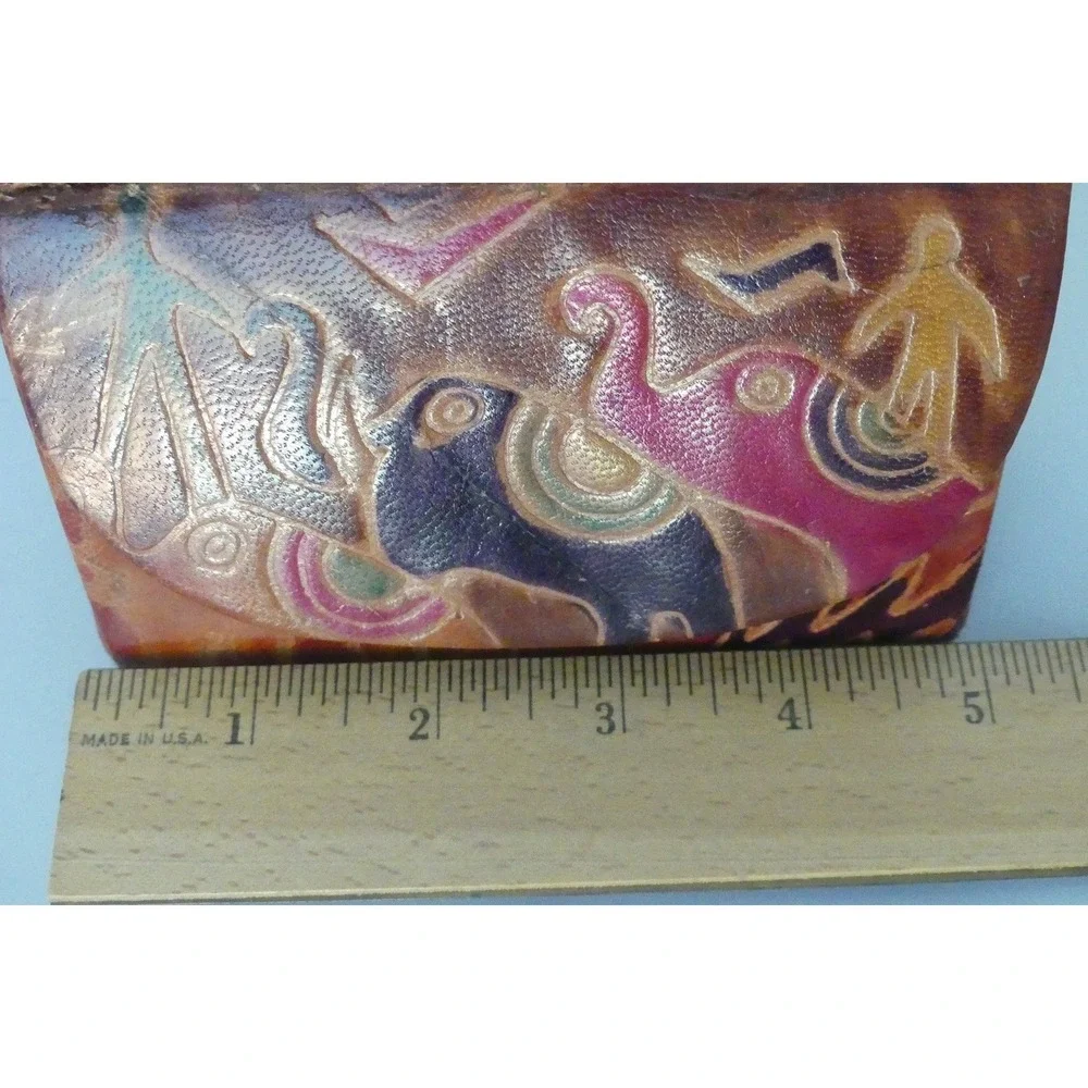 Hand Tooled Leather Elephant Crossbody Mini Bag Wallet Folk Art Multi Color Vtg